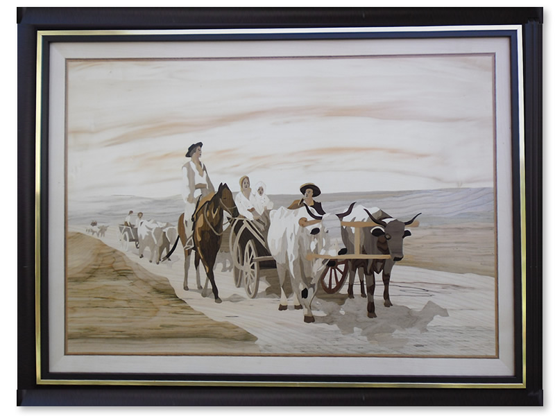 Car cu boi (mare) · Peisaje · 700x500 mm Car cu boi (mare) — lucrare din intarsie, furnire de lemn