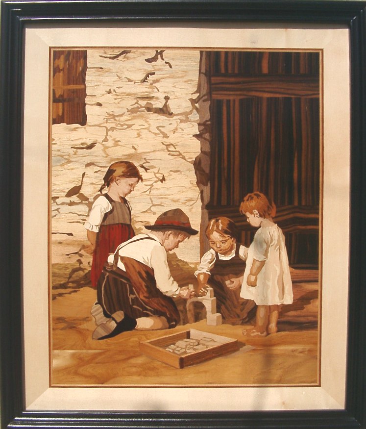 Copii la joaca — lucrare din intarsie, furnire de lemn