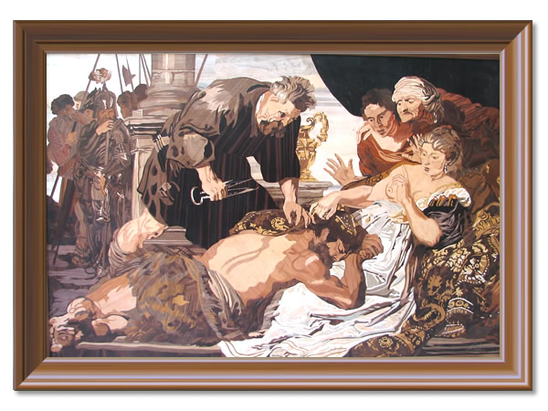 Samson si Dalila — lucrare din intarsie, furnire de lemn