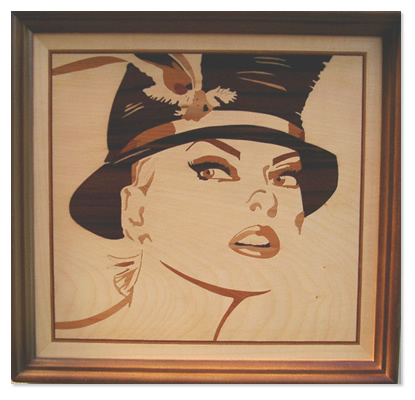 Portret — lucrare din intarsie, furnire de lemn