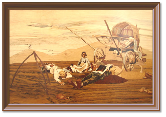 Satra de tigani — lucrare din intarsie, furnire de lemn
