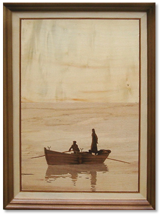 Pescari — lucrare din intarsie, furnire de lemn