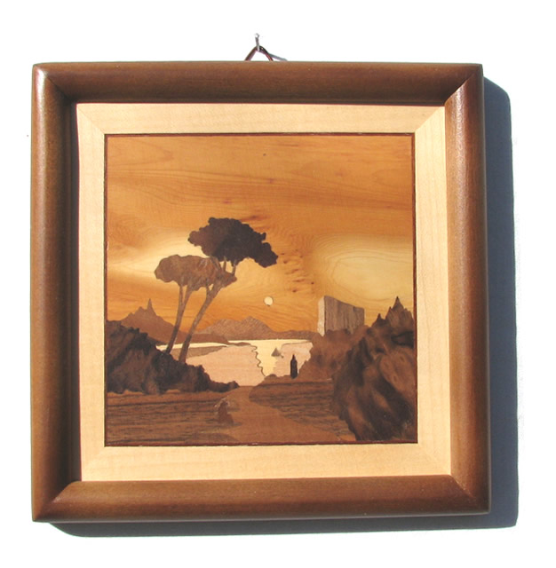 Peisaj apus - patrat · Peisaje · 160x160 mm Peisaj apus - patrat — lucrare din intarsie, furnire de lemn