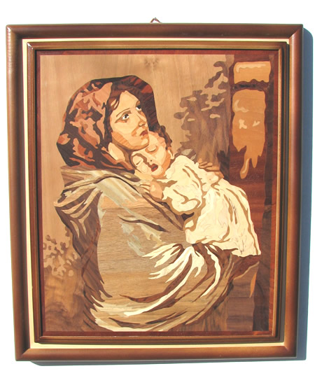 Maria cu Pruncu — lucrare din intarsie, furnire de lemn
