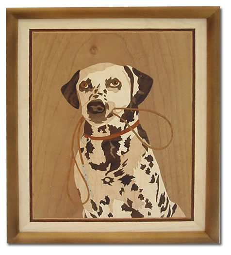Dalmatian — lucrare din intarsie, furnire de lemn