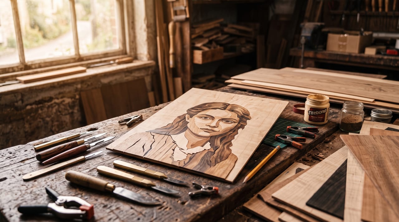 Portret din furnire de lemn pe bancul de lucru al atelierului, printre unelte și foi de furnir